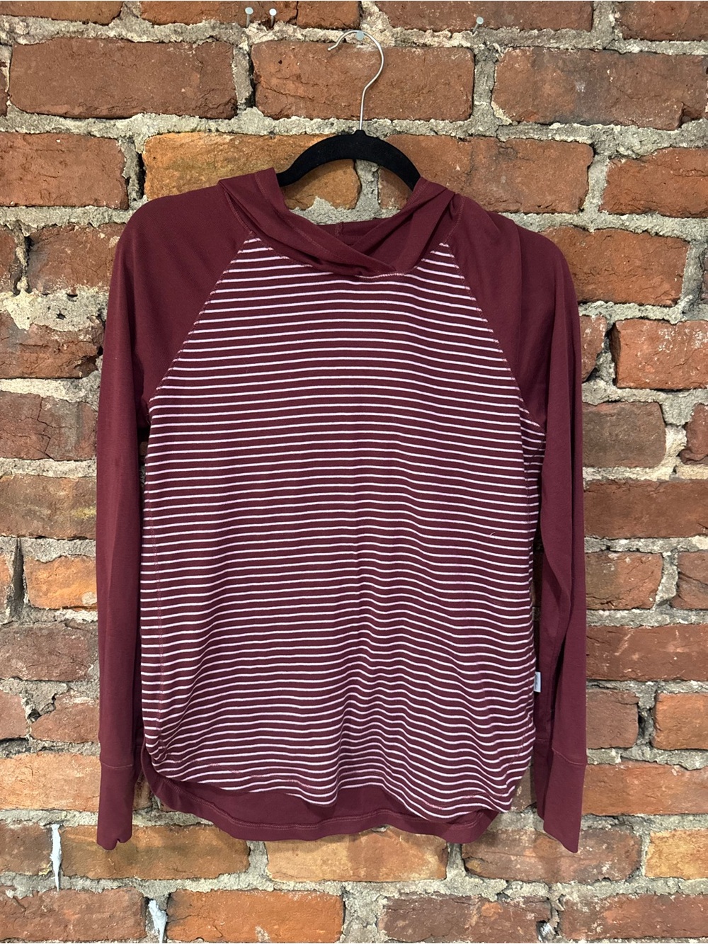 Eddie Bauer Women’s Maroon and White Striped Hooded Pullover (60% Cotton)